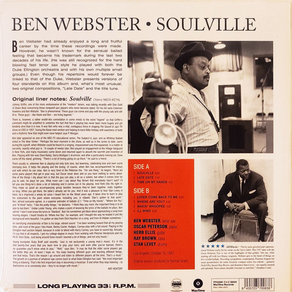 The Ben Webster Quintet : Soulville (LP, Album, Ltd, RE, 180)