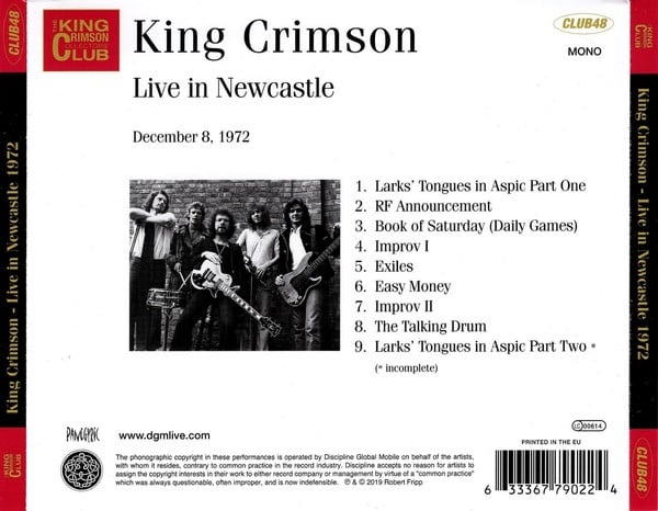 King Crimson : Live In Newcastle (December 8, 1972) (CD, Album, Mono, Club)