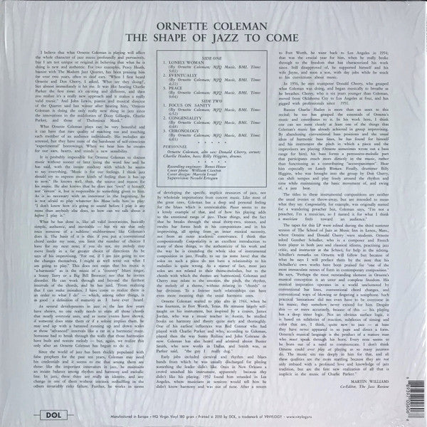 Ornette Coleman : The Shape Of Jazz To Come (LP, Album, RE, 180)