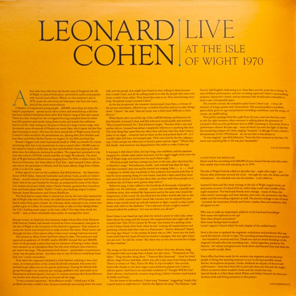 Leonard Cohen : Live At The Isle Of Wight 1970 (2xLP, Album, RE, 180)