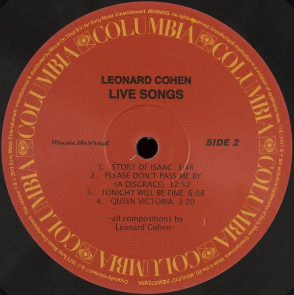 Leonard Cohen : Live Songs (LP, Album, RE, RM, 180)