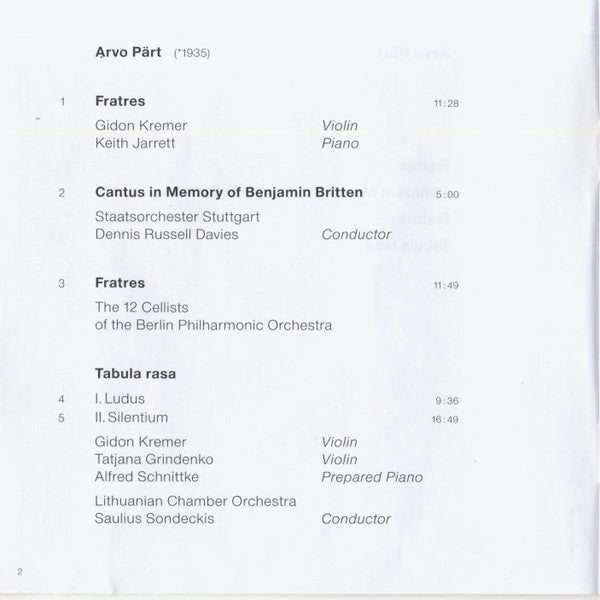 Arvo Pärt : Tabula Rasa (CD, Album, RE)