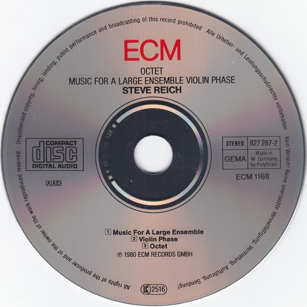 Steve Reich : Octet • Music For A Large Ensemble • Violin Phase (CD, Album, RE)
