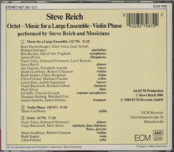 Steve Reich : Octet • Music For A Large Ensemble • Violin Phase (CD, Album, RE)