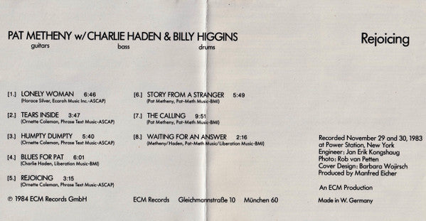 Pat Metheny W/ Charlie Haden & Billy Higgins : Rejoicing (CD, Album, RE)