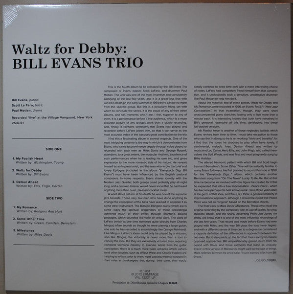 The Bill Evans Trio With Scott LaFaro And Paul Motian : Waltz For Debby (LP, Album, RE, 180)