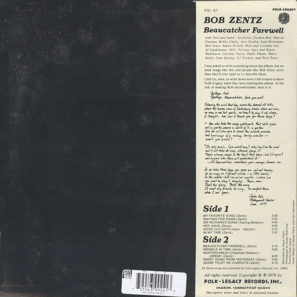 Bob Zentz : Beaucatcher Farewell (LP, Album, RE)