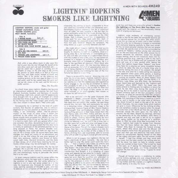 Lightnin' Hopkins : Smokes Like Lightning (LP, Album, RE, 180)