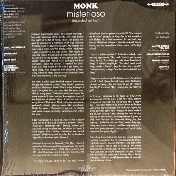 The Thelonious Monk Quartet : Misterioso (Recorded On Tour) (LP, Album, RE, 180)