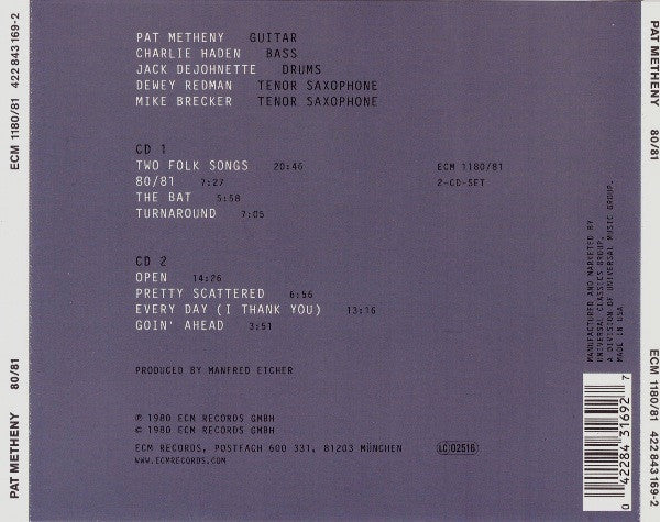 Pat Metheny, Charlie Haden, Jack DeJohnette, Dewey Redman, Michael Brecker : 80/81 (2xCD, Album, RE)